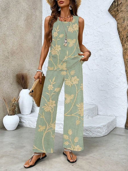 

Women Floral Printing Two-Piece Set Daily Sleeveless Casual Summer Top With Pants Matching Set, Green, Suit Set