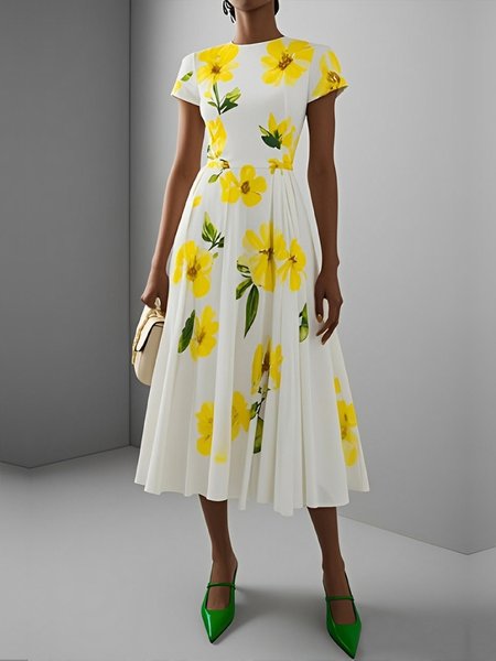 Elegant Floral Printing Gathered Crew Neck Midi Dress, As picture, Midi Dresses