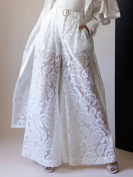 

Elegant Plain Wide Leg Fashion Pants With Belt, White, Pants