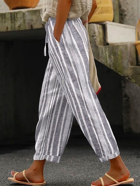 

Striped Casual Cotton Regular Fit Pants, White, Pants
