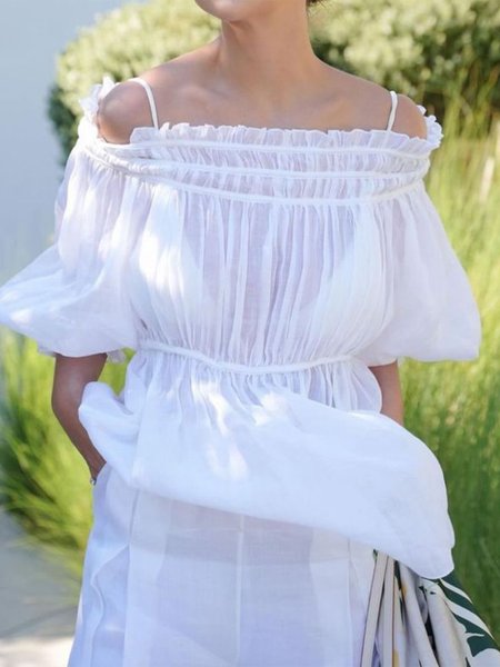 

Linen Blend Vacation Plain Gathered Cold Shoulder Puff Sleeve Blouse, White, Blouses and Shirts