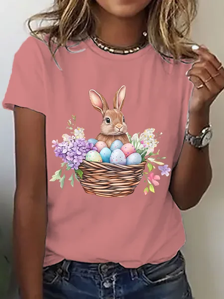 

Women Easter (rabbit) Short Sleeve Tee T-shirt Crew Neck Casual Summer Top, Orange pink, T-Shirts