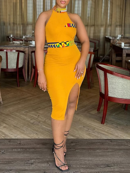 Urban Geometric Printing Crew Neck Midi Dress, Yellow, Midi Dresses