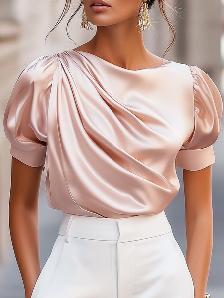

Satin Urban Plain Ruched Crew Neck Puff Sleeve Blouse, Light pink, Blouses and Shirts