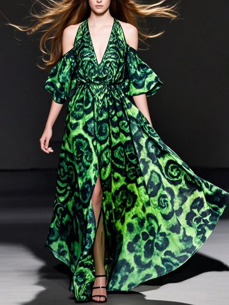 Elegant Off Shoulder Sleeve Printing V Neck Dress, Green, Maxi Dresses
