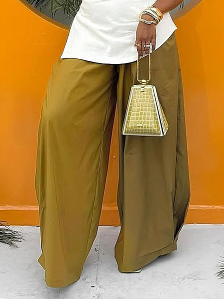 

Casual Plain Ruched Wide Leg Pants, Army green, Pants