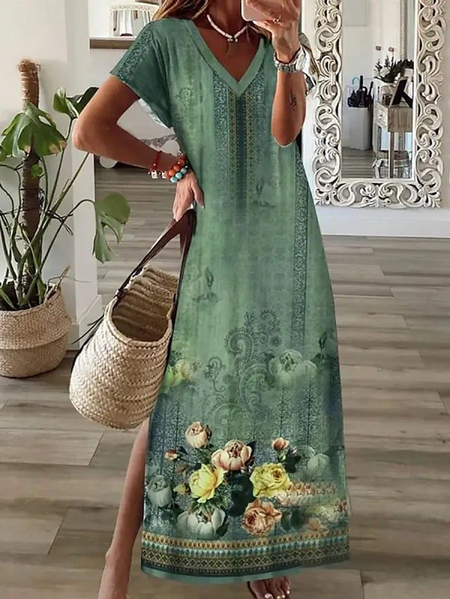 

Women Floral Short Sleeve Summer Printing Dress V Neck Daily Casual Maxi T-Shirt Dress X-Line Dress, Green, Casual Dresses