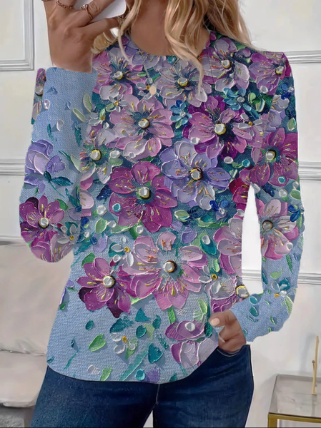 Women Floral Long Sleeve Tee T-shirt Crew Neck Printing Casual Spring/Fall Graphic Tee Top, Blue purple, T-Shirts
