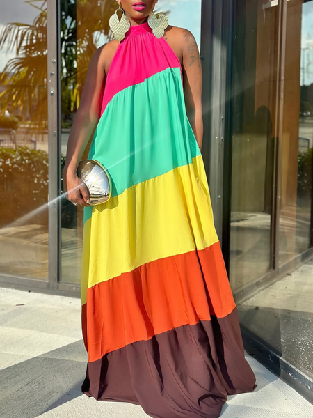 

Vacation Plain Split Joint Stand Collar Maxi Dress, As picture, Maxi Dresses