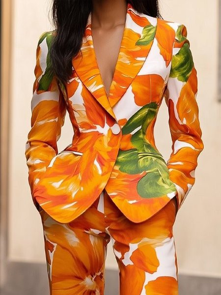 

Vacation Printing Floral Lapel Collar Blazer, Orange, Blazers