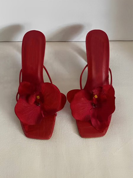 

Elegant Plain Slip On Block Heel Stiletto Sandals, Wine red, Slippers