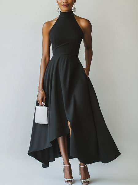 Elegant Plain Irregular Craftsmanship Halter Maxi Dress, Black, Maxi Dresses