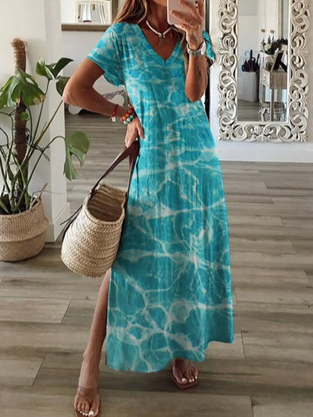 

Women Abstract Short Sleeve Summer Printing Dress V Neck Daily Casual Maxi T-Shirt Dress X-Line Dress, Blue, Casual Dresses