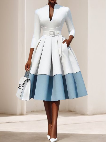 

Elegant Color Block V Neck Knee Length Dress With Belt, As picture, Midi Dresses