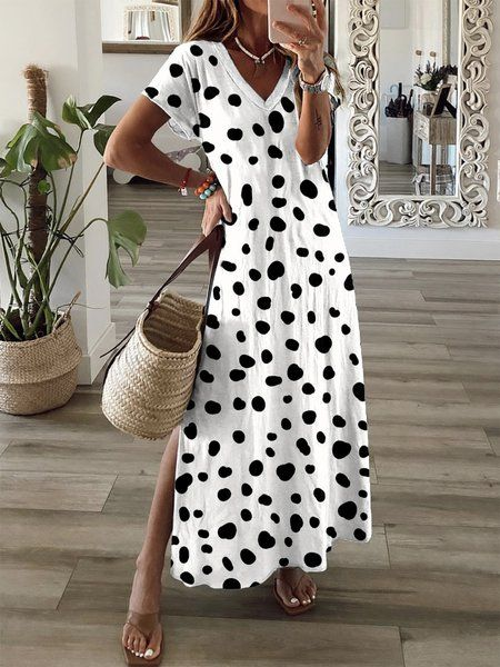 

Women Polka Dots Short Sleeve Summer Printing Dress V Neck Daily Casual Maxi T-Shirt Dress X-Line Dress, White, Casual Dresses
