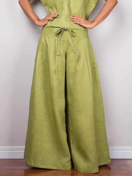 Casual Plain Cotton And Linen Wide Leg Fashion Pants, Green, Pants