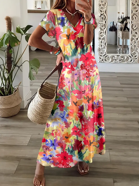 

Women Floral Short Sleeve Summer Printing Dress V Neck Daily Casual Maxi X-Line Dress, As picture, Casual Dresses