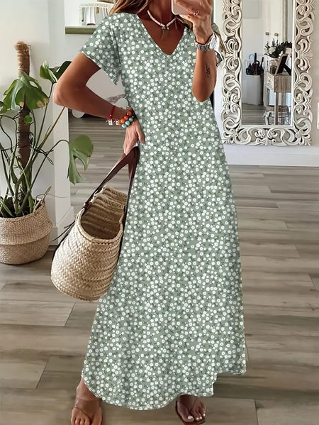 

Women Floral Short Sleeve Summer Printing Dress V Neck Daily Casual Maxi T-Shirt Dress X-Line Dress, Green, Casual Dresses