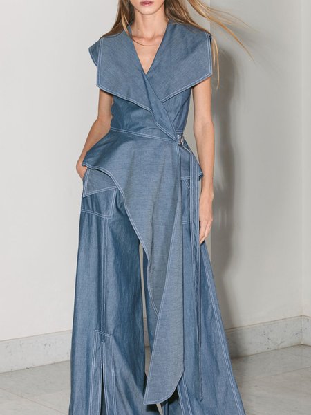 

Urban Plain Irregular Craftsmanship Shawl Collar Denim Top, Blue, Tops