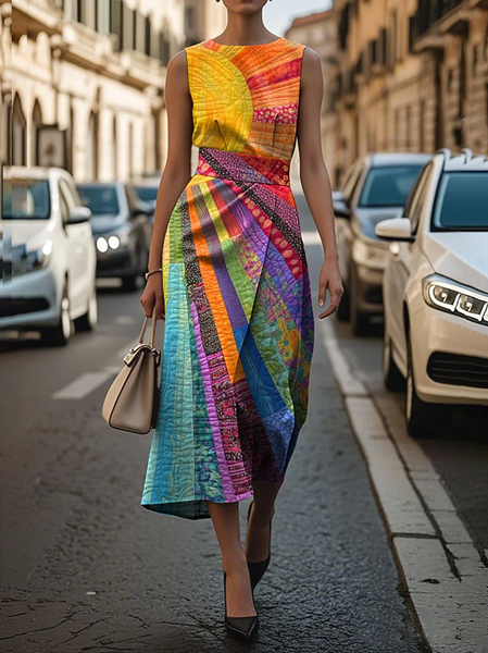 

Women Hippie Sleeveless Summer Printing Dress Crew Neck Daily Vintage Maxi Shift Dress H-Line Dress, As picture, Casual Dresses