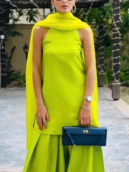 

Elegant Plain Stand Collar Tank Top With Scarf, Green, Tanks and Camis