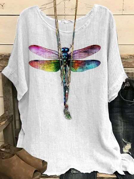 

Vintage Dragonfly Print Crew Neck Three Quarter Sleeve Loose T-shirt, White, T-shirts