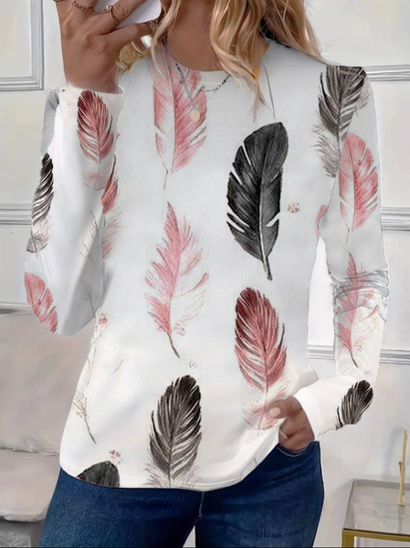 

Women Feather Long Sleeve Tee T-shirt Crew Neck Printing Casual Spring/Fall Graphic Tee Top, White, T-Shirts