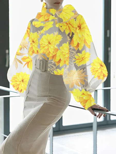

Elegant Floral Bow Balloon Sleeve Blouse With Sling, Yellow, Blouses and Shirts