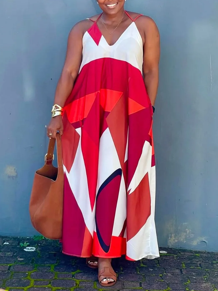 

Vacation Geometric Printing Spaghetti Maxi Dress, As picture, Maxi Dresses