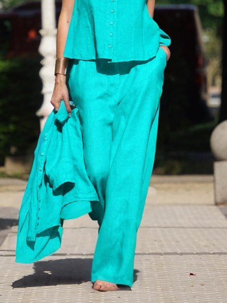 

Cotton And Linen Casual Plain Distressing Wide Leg Pants, As picture, Pants