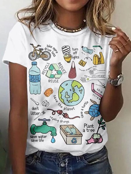 Casual Cute Environmental Protection Logo Pattern Short Sleeve T-shirt, White, T-shirts
