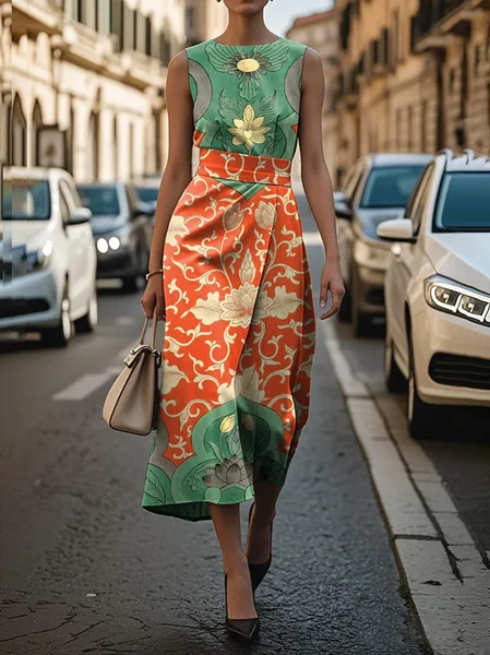 

Women Floral Sleeveless Summer Printing Dress Crew Neck Daily Vintage Maxi Shift Dress H-Line Dress, As picture, Casual Dresses