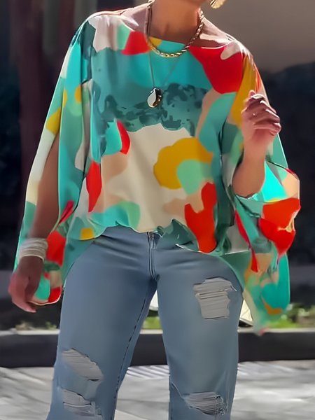 

Urban Abstract Printing Crew Neck Dolman Sleeve Blouse, As picture, Blouses and Shirts