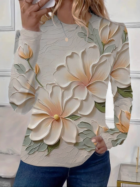

Women Floral Long Sleeve Tee T-shirt Crew Neck Printing Casual Spring/Fall Graphic Tee Top, Apricot, T-Shirts