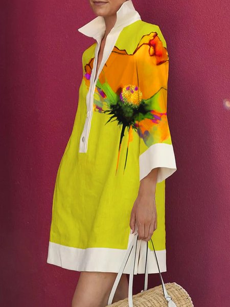 Urban Floral Printing Shirt Collar Mini Dress, As picture, Mini Dresses
