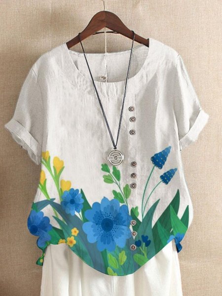 

Casual Cotton Crew Neck Plants Print Summer Blouse For Women, As picture, Blouses