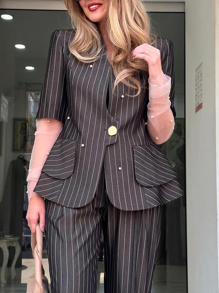 Urban Striped V Neck Fake Two Piece Blazer, Black, Blazers