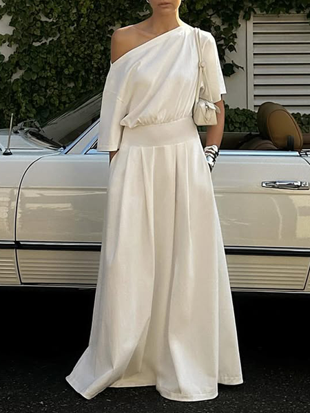 Urban Plain Split Joint One Shoulder Maxi Dress, White, Maxi Dresses