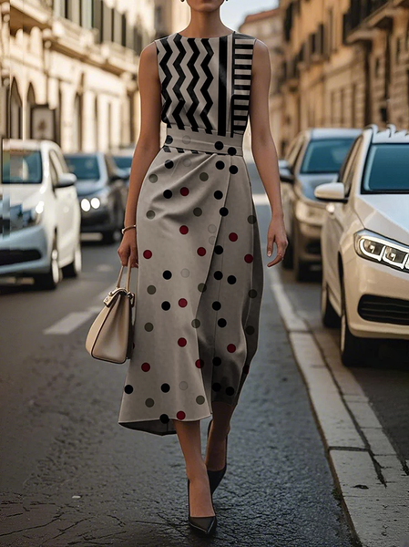 

Women Geometric Crew Neck Sleeveless Comfy Vintage Printing Maxi Dress, Brown, Dresses