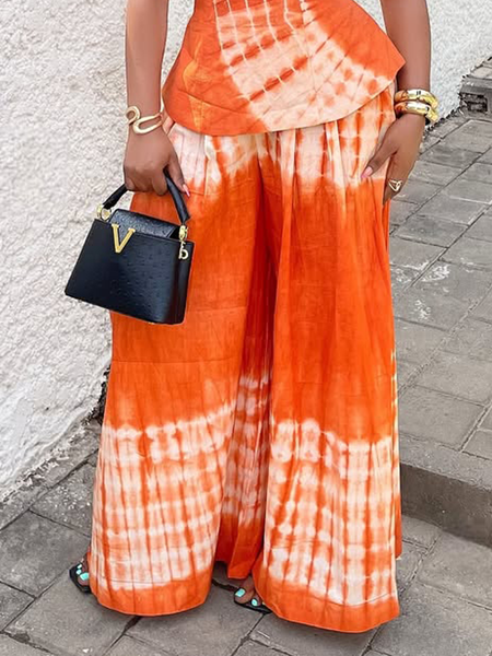 Vacation Tie-Dye Pattern Printing Wide Leg Pants, Orange, Pants