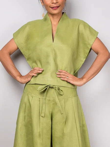 

Cotton And Linen Casual Plain V Neck Raglan Sleeves Blouse, Green, Blouses and Shirts