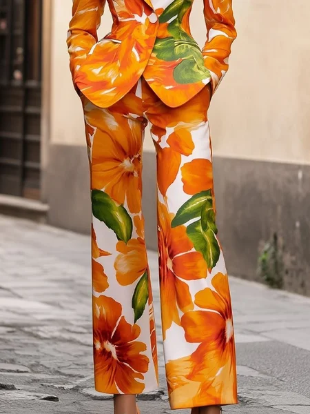 Vacation Floral Printing Wide Leg Pants, Orange, Pants