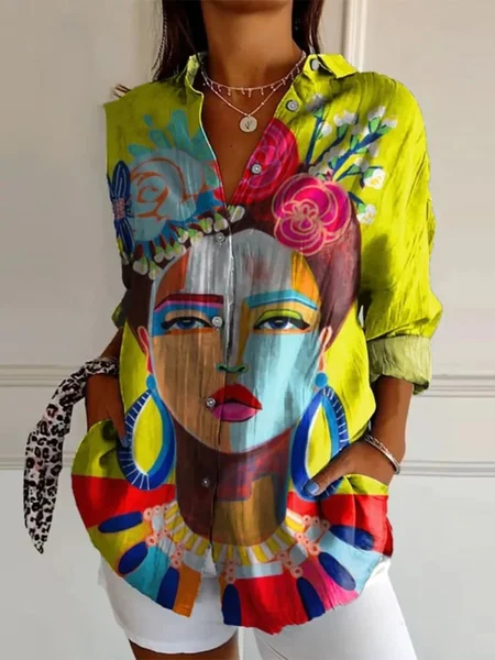 Casual Modern Figure Print Long Sleeve Daily Shirt For Women, As picture, Shirts