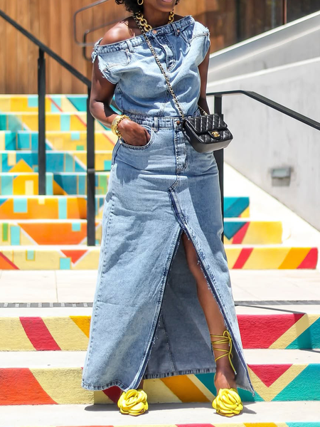 

Casual Plain Pockets Off The Shoulder Maxi Dress, Blue, Maxi Dresses