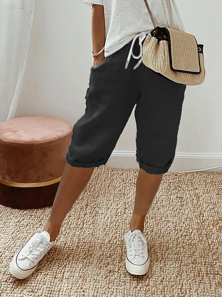 

Women Plain Fifth Pants Pant Casual Summer Trousers, Black, Pants