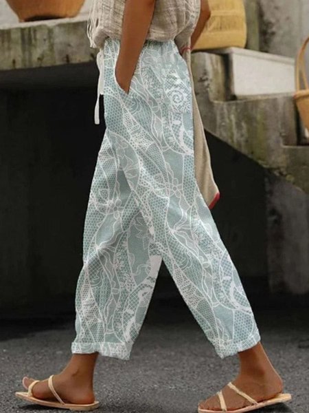 

Casual Floral Cotton and Linen Daily Women Long Pants, As picture, Pants