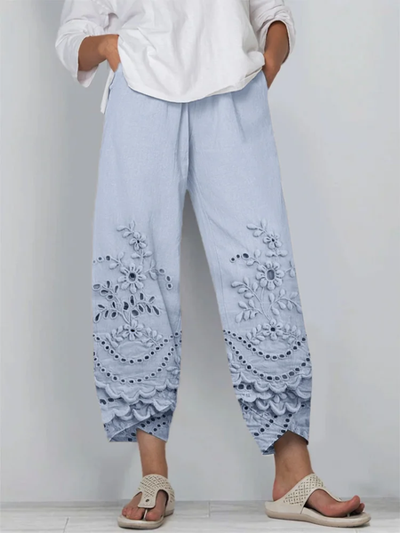 Women Floral Capris Pant Casual Summer Trousers, Blue, Pants