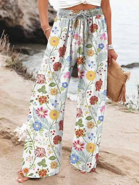 Women Floral Long Pant Casual Spring/Fall Trousers, White, Pants