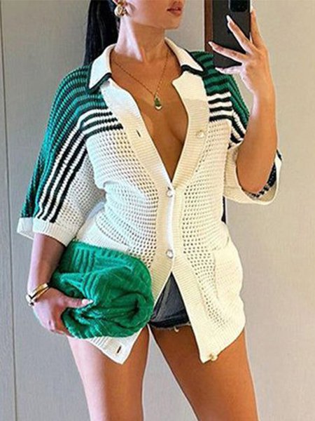 

Casual Striped Shirt Collar Raglan Sleeves Cardigan, As picture, Cardigans