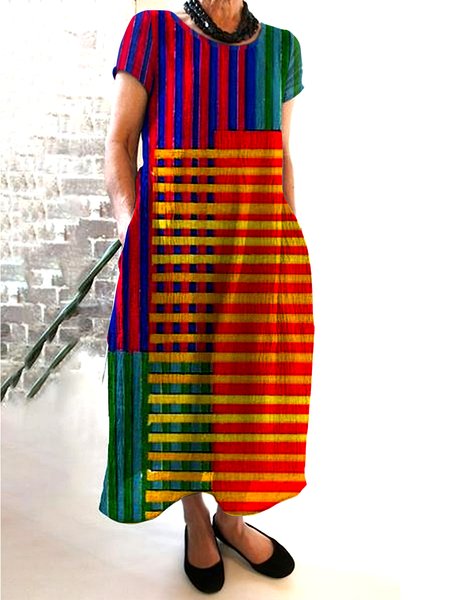 

Women Geometric Crew Neck Short Sleeve Comfy Casual Maxi Dress, Red, Maxi